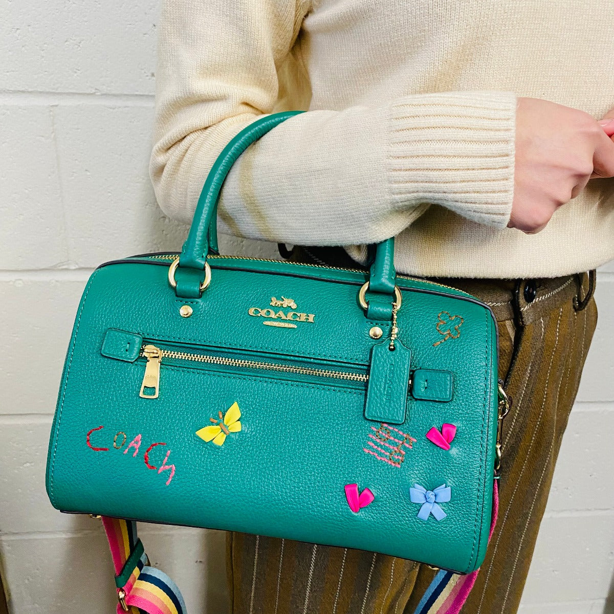Coach C8280 Rowan Satchel With Diary Embroidery In Green Multi Coach C8280 Rowan Satchel With Diary Embroidery In Green Multi